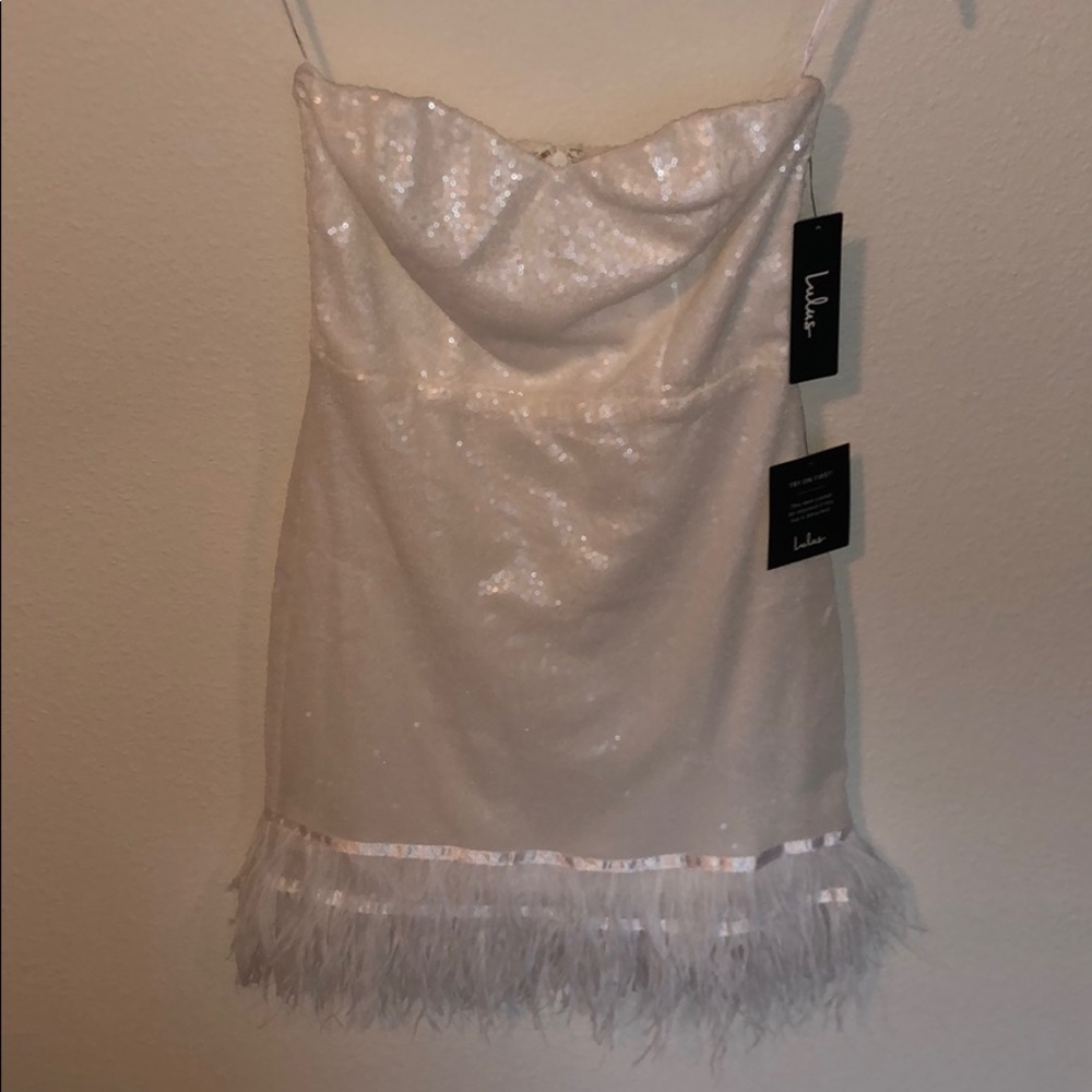 Lulu’s white sequin feather fringe dress